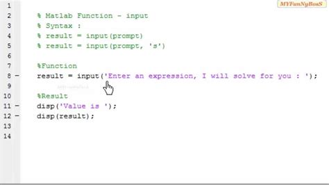 Input in matlab - Input, specified as a symbolic number, scalar variable, matrix variable, expression, function, matrix function, or as a vector or matrix of symbolic numbers, scalar variables, expressions, or functions. ... Run the command by entering it in the MATLAB Command Window. Web browsers do not support MATLAB commands. Close.